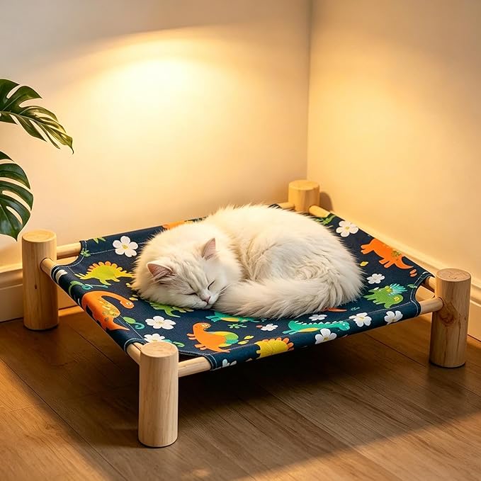 Raised Cat Bed - Wooden Dog Elevated Indoor Outdoor Bed, Cat and Dog Hammock Cot, Removable Sleeping Furniture for Home Living Room Apartment Dorm Outdoor Patio Balcony Porch Corner