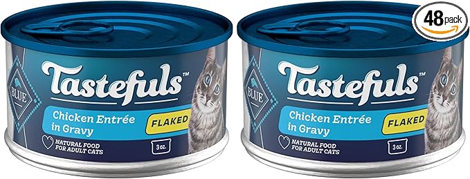 Blue Buffalo Tastefuls Natural Flaked Wet Cat Food,Chicken Entrée in Gravy 3-oz cans,(Pack of 48)