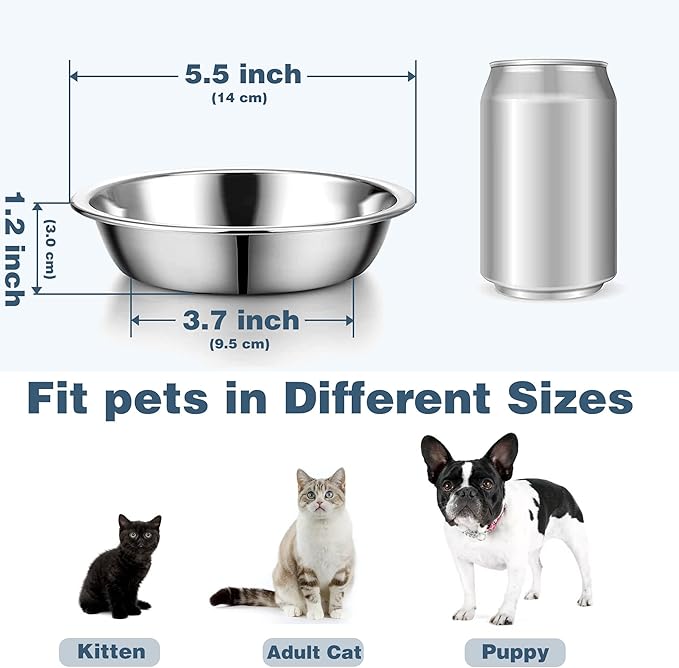 6 PCS Thickened Stainless Steel Cat Bowls, 5.5 Inch Shallow Wide Flat Metal Kitten Food Bowls, Whisker Friendly Fatigue Relief Replacement Basic Pet Dishes for Indoor Cats
