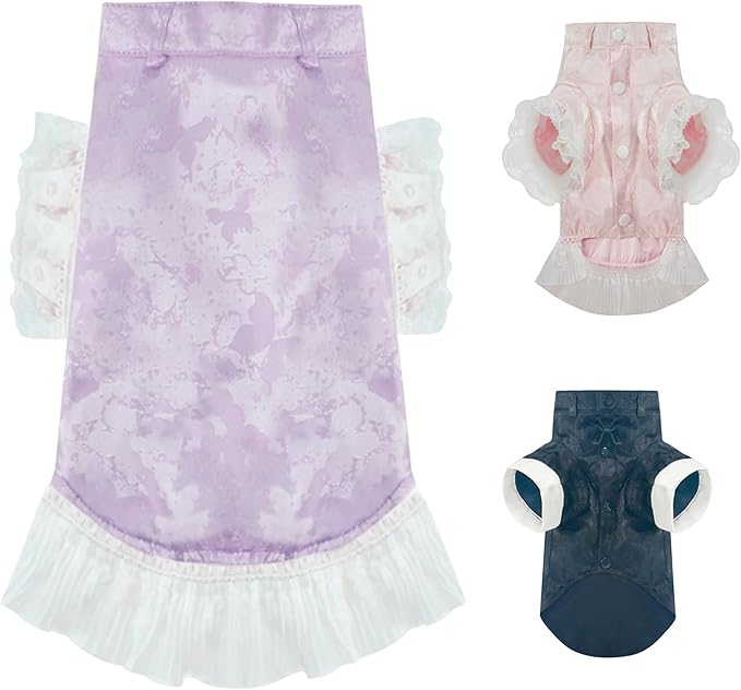 MAMORE Dog Shirts Dress, Elegant Embroidery Couple Dog Clothes for Girl Boy Small Medium Dogs Puppy Cats Set (Purple, 2X-Large)