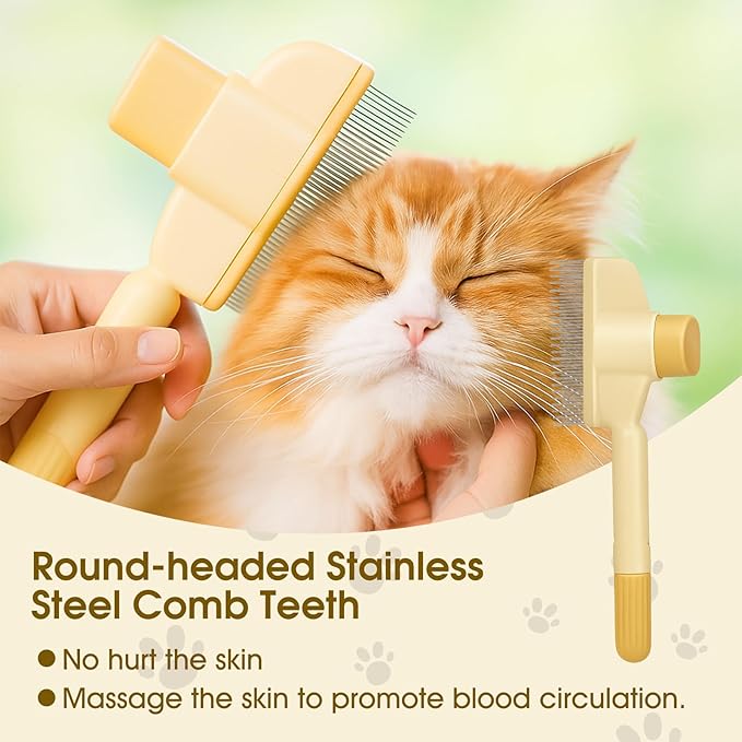 Self-Cleaning Cat and Dog Comb – 2-in-1 Pet Hair Removal and Flea Comb with Stainless Steel Teeth and One-touch Release Button, Suitable for Hair Removal, Detangling, and Grooming Yellow