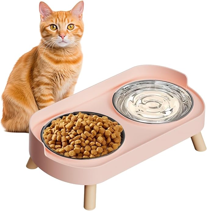 Raised Cat Feeder 2 Bowls in 1 Feeding & Watering Supplies 15° Raised Puppy 2 Stainless Steel Bowls Wood Stand Cats Accessories(2 Sets Cup Holder)