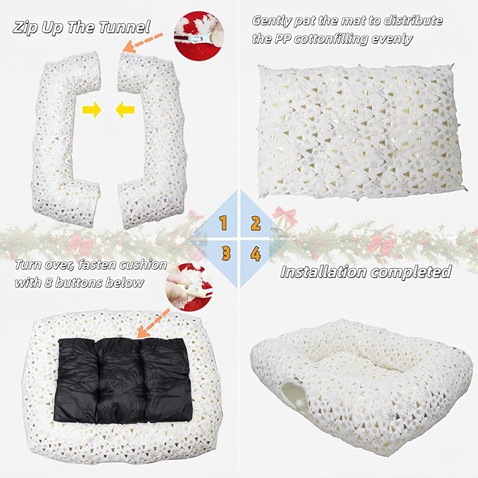 Extra Large Cat Tunnel Bed for Indoor Cats with Warm Mat, Cat Toys Cave Dount Tube for Xmas Decor White