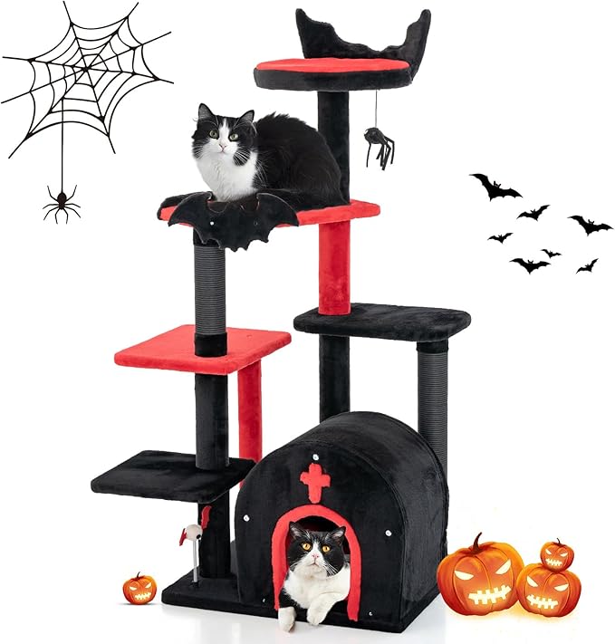 Tangkula Gothic Cat Tree, 53 Inch Black Cat Tower with Coffin Bed, Condo, Scratching Posts, Spider Pompom & Spring Balls, Halloween Pet Furniture, Spooky Goth Cat Tree for Indoor Cats