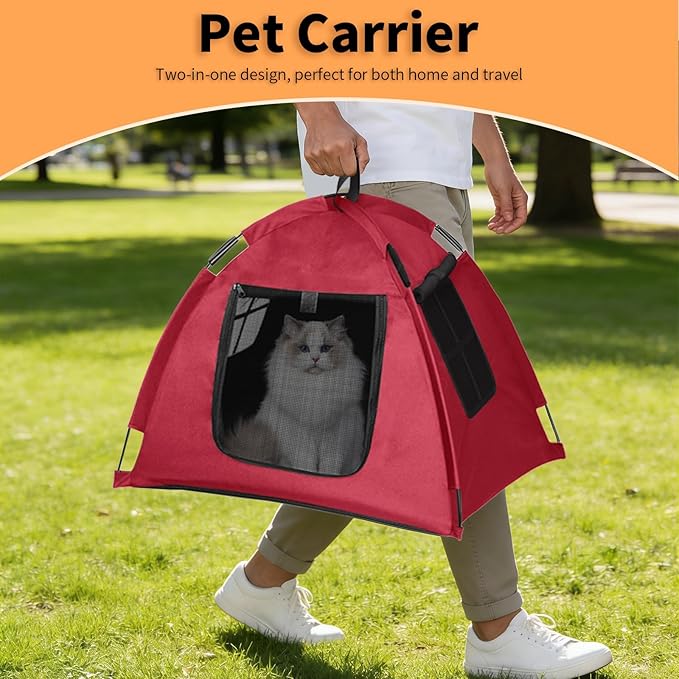 Portable Pet Tent with Full-Enclosure Zippered Mesh Door, Indoor & Outdoor Cat House for Safety & Ventilation, Cozy Nest for Cats, Puppies & Small Animals, Red