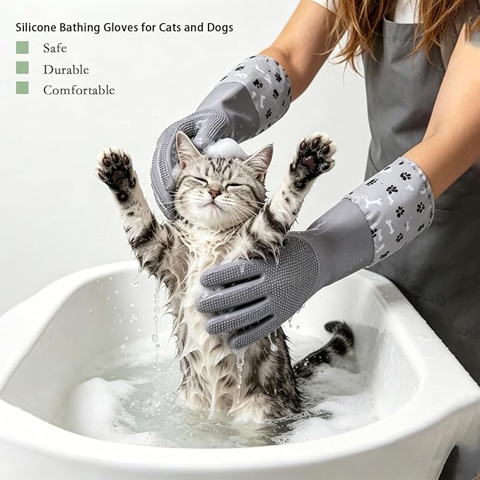 Pet Grooming Long Sleeve Washing Gloves feature silicone grooves design, ideal for both cats and dogs. This set includes 4 pieces in total, coming with a cat bathing bag and a pet hair remover.