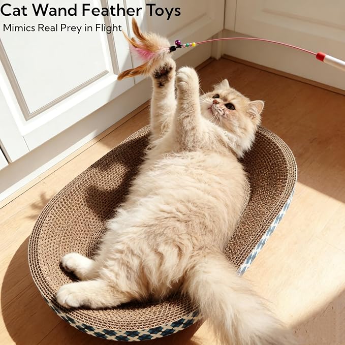 Cat Scratcher Bed with Toys, 4 Pack Oval Cat Scratcher Cardboard, Indoor Cat Scratch Bowl, Large Pad Cat Scratching Board with Catnip Fish Toy & Feather Wand for Furniture Protector L(17.5"x12.6"x3")