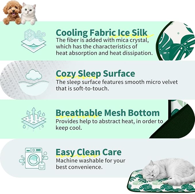 NWK Pet Cooling Mat -Q-Max>0.345 Ice Silk Cooling Mat for Dogs & Cats Portable & Washable Pet Cooling Blanket, Car Seats, Beds for Summer (Green Leaf, 27'' X 20'' X 0.3'')