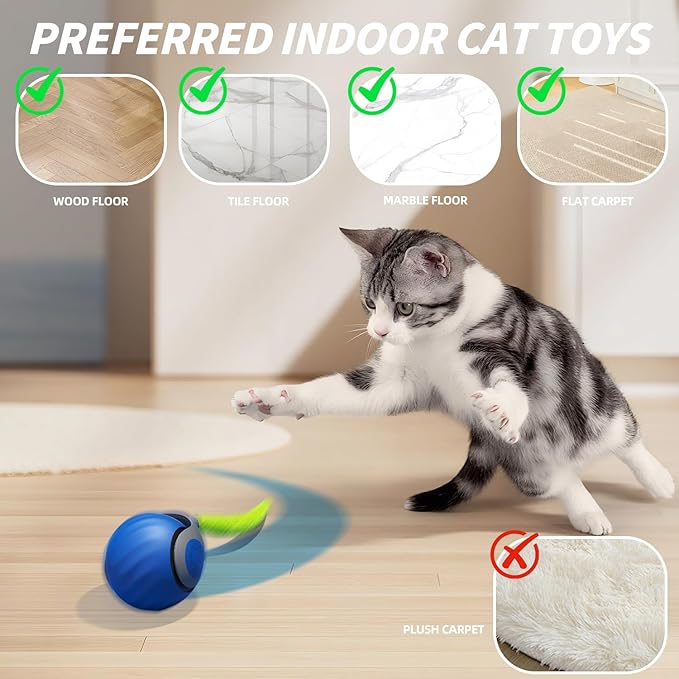 Interactive Cat Toy Ball - Automatic Interactive Cat Toys for Indoor Cats to Keep Them Busy, 2026 New Rechargeable 2 Speeds Enrichment Toys with 2 Tails, Smart Rolling Toy for Small/Medium/Large Cats