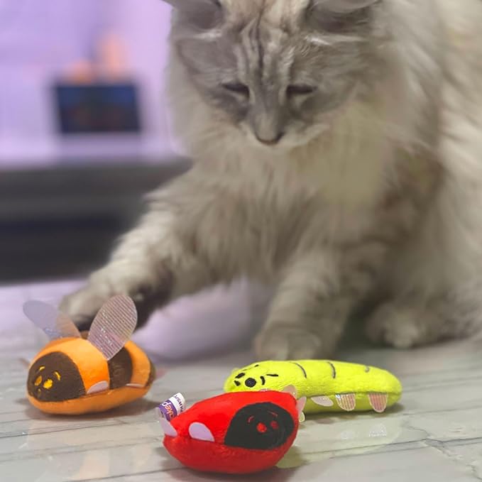 Pounce & Purr® Plush Cat Toys, Catnip & Silvervine Infused, Shiny Iridescent Accents, Interactive Play Toys for Cats & Kittens (Backyard Buggin' Series)