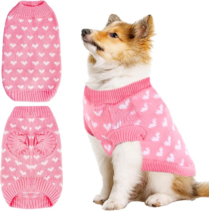 Heart Knit Pet Sweater, Warm Pullover Winter Clothes for Small and Medium Dogs Cats, Soft Puppy Outfit for Cold Weather, Christmas, Valentine's Day (Pink, S (Fit 4–5 lbs, Chest 11–12", Neck 8–9"))
