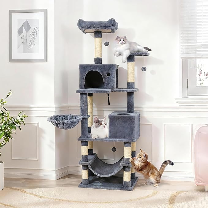Tangkula 66 Inch Tall Cat Tree, Multi-Level Cat Tower with Sisal Scratching Posts, 2 Condos, Plush Perch, Hammock, Basket, Dangling Toys, Cat Climbing Furniture for Indoor Cats (Dark Gray)