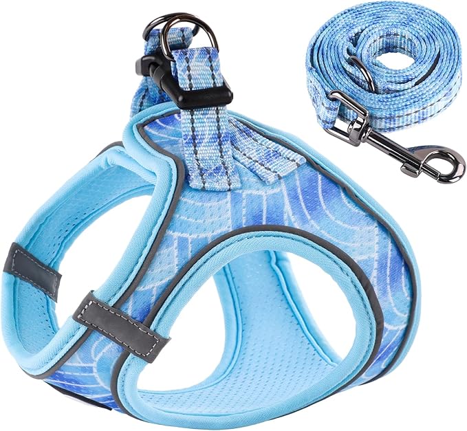 QQPETS Cat Harness and Leash Set for Walking Escape Proof, Safe Adjustable Kitten Vest with Reflective Strips, Easy Control Soft Mesh Lightweight Jacket (Striped Blue, S(Chest 15”-15.7”))