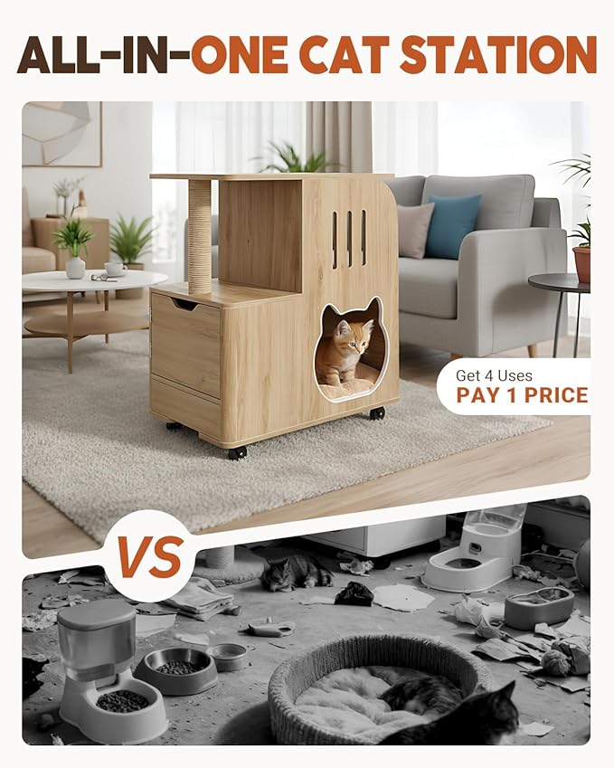 FIMELLO 25.6" Wx15.7 D x 28.5" H Cat Feeding Station, All-in-One Cat Food Table Cart with Moving Wheels, Scratcher End Table, Two Feeding Bowls