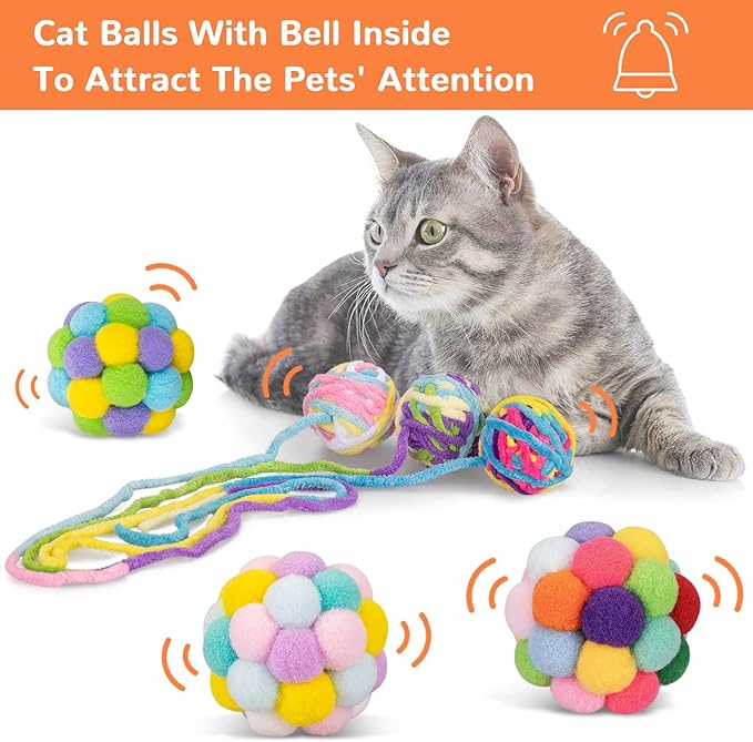 Retro Shaw Cat Toys Balls, 6Pcs Woolen Yarn Cat Balls with Bells Inside, Interactive Kitten Toys for Indoor Cats Kitty, Soft Pompom Jingle Ball with String Cat Nip Toys