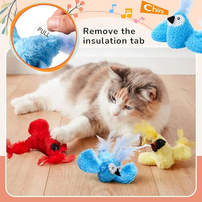 3 Pcs Bird Cat Toy with Chirping Sound, 3.15 Inch Interactive Exercise Toy with Lifelike Bird Chirp, Red Cardinal Blue Jay Goldfinch for Indoor Bored Cats Kittens, Gifts for Valentines Day