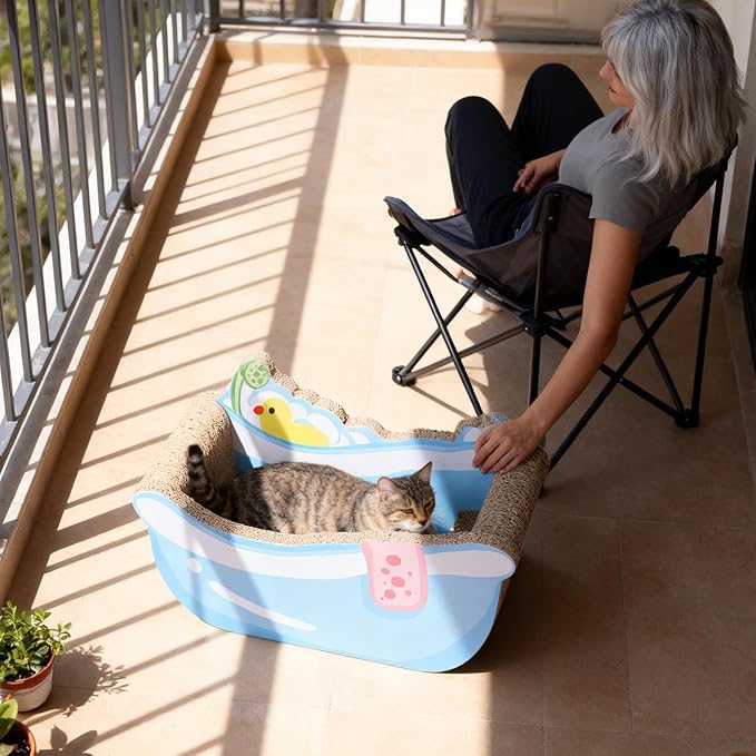 Cat Nest Bed, Cute Bathtub Style Cardboard Lounge, Small Corrugated Paper Cat House with Built in Scratch Board, Play Area for Kitten Puppy Small Dog, Indoor Pet Furniture Living Room Balcony