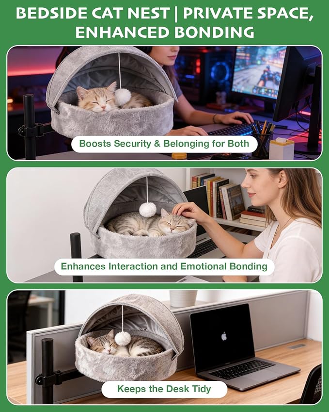 Cat Desk Bed for Large Cats Up to 44lbs, Heavy Duty 360° Rotating Cat Hammock for Desk with Foldable Canopy & Toy Ball, Adjustable Raised Desktop Cat Nest for Office, Reversible Summer & Winter Mat