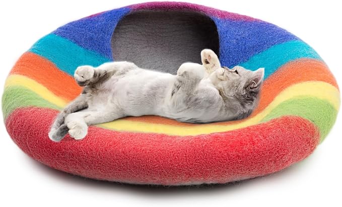 Woolygon Premium Felt Cat Cave Bed – Wool Kitty Beds Handcrafted Kitten Caves Bed for Indoor Cats - Made from Merino Wool, Foldable Cat Hideaway Covered Cat House Pod (Rainbow Twist)