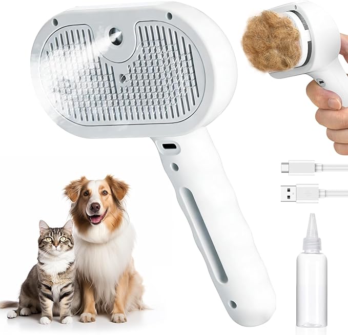 Steam Cat Brush for Shedding, 3-in-1 Self Cleaning Grooming Brush for Dogs & Cats, USB Rechargeable, Hair Removal Comb with Anti-Static Mist, for Long & Short Haired Pets, White