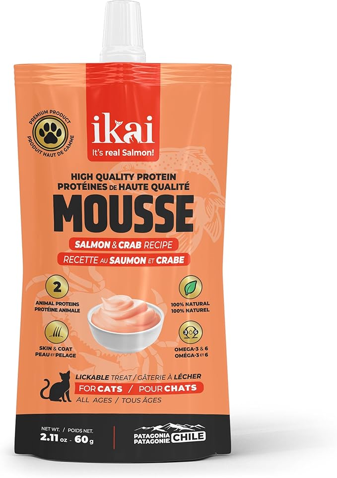 IKAI - Lickable Wet Cat Treats - Patagonian Salmon from Chile, No By-Products, Highly Digestible Protein, with Omega 3 & 6 for Healthy Skin & Glossy Coat - 2.11 oz (1 Pack, Salmon & Crab)