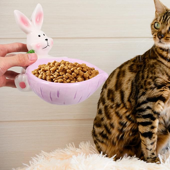Ceramic Cat Bowl and Dog Feeding Dish, Purple Non-tip Wear-Resistant Pet Floor Bowl, Cute Bunny Design for Indoor Feeding and Watering Supplies