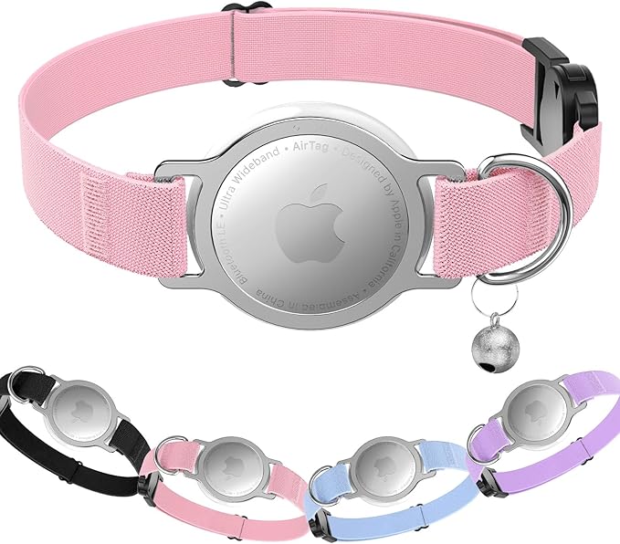AirTag Cat Collar, Breakaway Air Tag Cat Tracker Collar with Integrated Airtag Holder Compatible with Apple Air Tag, Ultra Elastic & Comfortable Pet Tracking Collars for Cats Kittens (Pink)