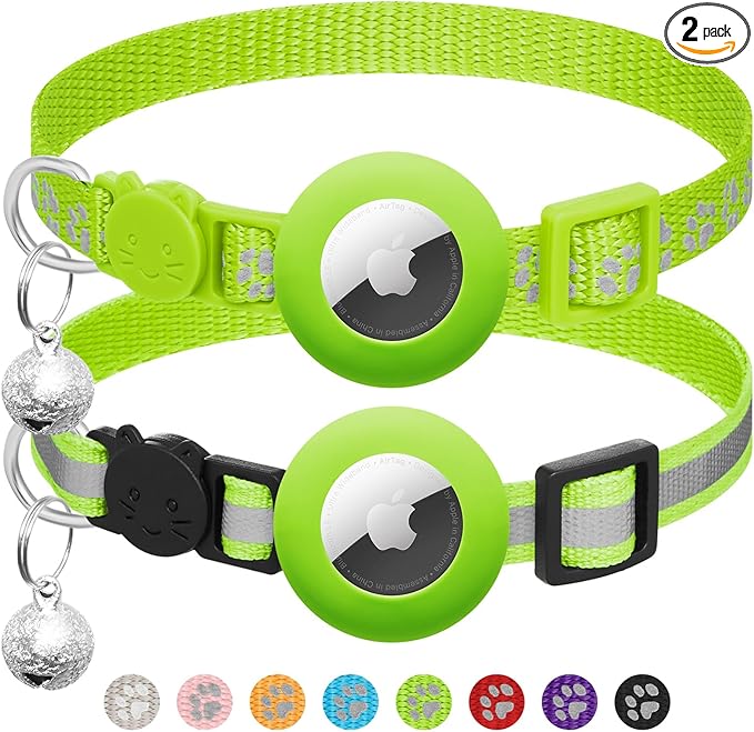 2 Pack Airtag Cat Collar Breakaway with Bell,Reflective Kitten Collar with Apple Airtag Cat Collar Holder,Adjustable 7-12In,Safety Buckle for Girl Boy Cats,Pet Supplies,Accessories,Gifts (Green)