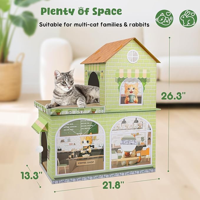 Cardboard Cat Houses for Indoor Cats - Kitten Scratcher Houses & Condos, Cafe Themed Hut Hideout Play House Bed with Scratching Pads, Scratch Box for Large Kitty Rabbit Bunny Small Animals