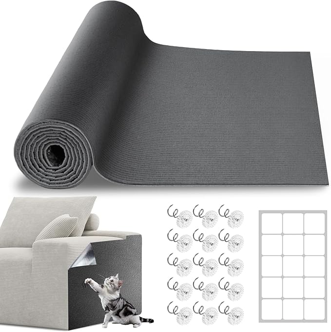 Cat Scratch Furniture Protector, 78.7"x15.8" Trimmable Anti-Scratch Mat with Adhesive Stickers & Thumbtacks, Self-Adhesive Scratch Pad for Couch, Sofa, Wall, Door and Cat Tree, Dark Grey