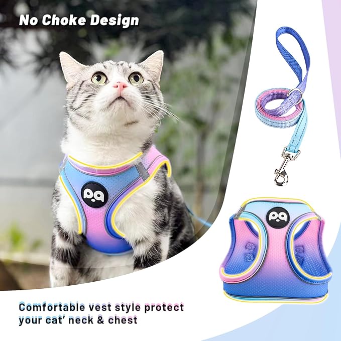 QQPETS Cat Harness and Leash Set for Walking Escape Proof, Safe Adjustable Kitten Vest with Reflective Strips, Easy Control Soft Mesh Lightweight Jacket (Blue-Pink Gradient, M(15.7”-17.7”))