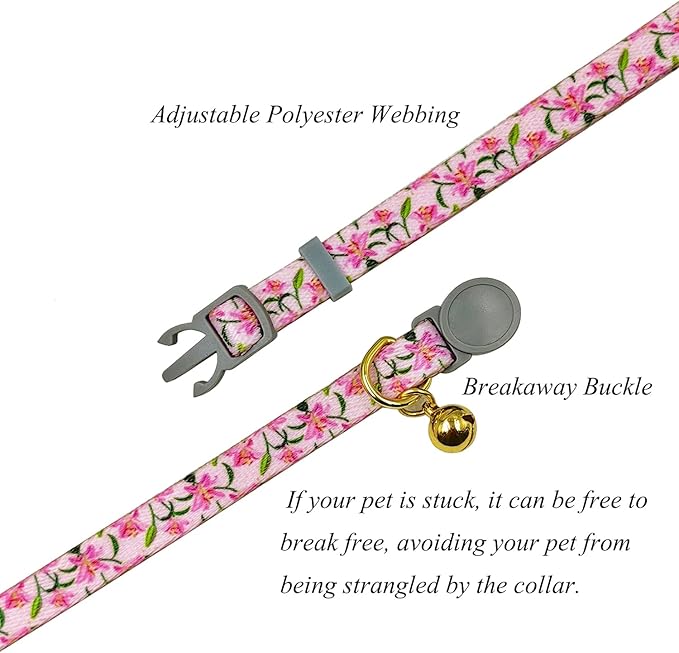 Breakaway Cat Collar, Floral Pattern, Safe Release Buckle, Clear Bell, Polyester Material, for Adult Cats.(Pink Lily)