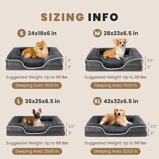 DUMOS 42x32 Inch Orthopedic Dog Beds for XL Large Sized Dogs, Machine Washable Cover Pet Bed, Anti-Slip Waterproof Memory Foam Couch Bed for Indoor Dogs and Cats, Grey