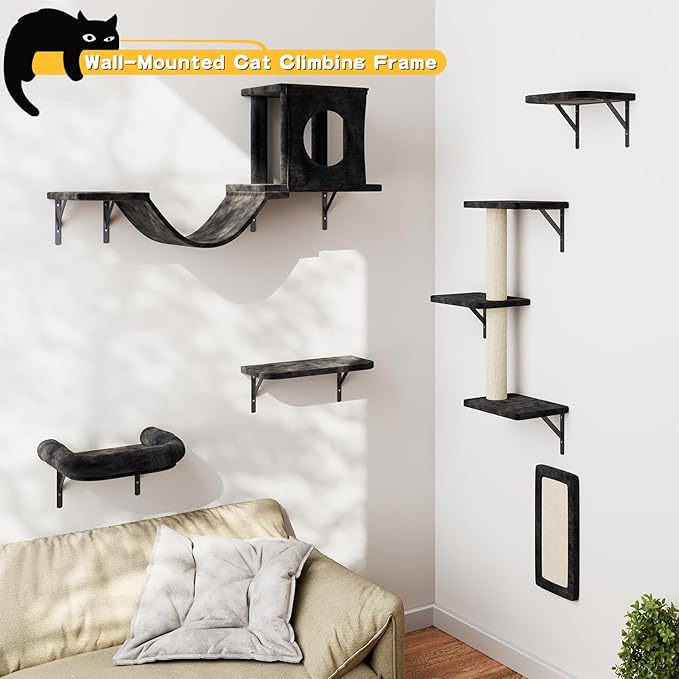 NUNU LAB Wall Mounted Cat Climber Set, 6 Pcs Cat Furniture Set with House, Bridge, Steps, Scratcher Board and Hammock, Shelves for Indoor, Luxury Walls Furniture, Black