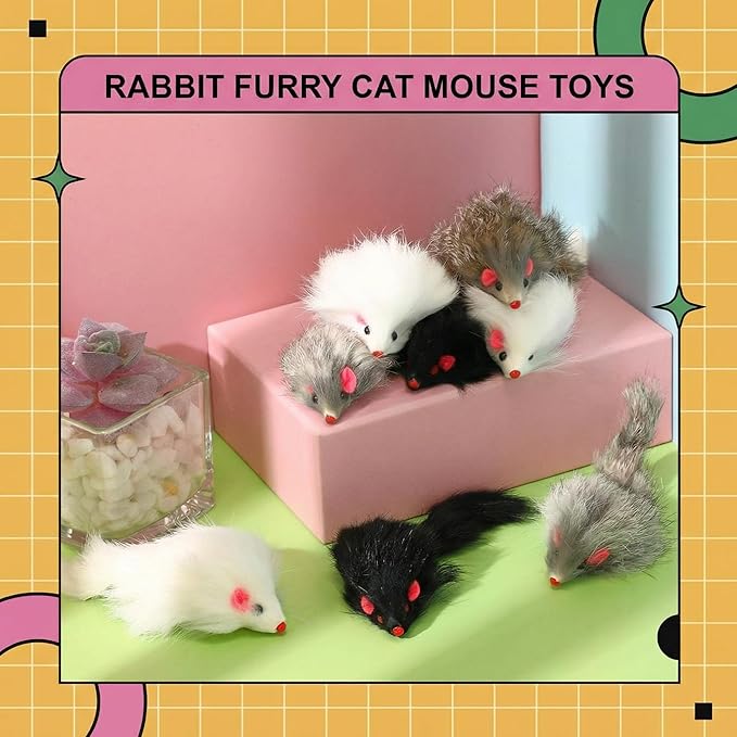 Hungdao 12 Pcs Furry Mice Interactive Catch Play Rabbit Fur Mouse Rattle Sound Rat Plush for PET Cats and Kittens, 3 Colors (White,Black,Gray)
