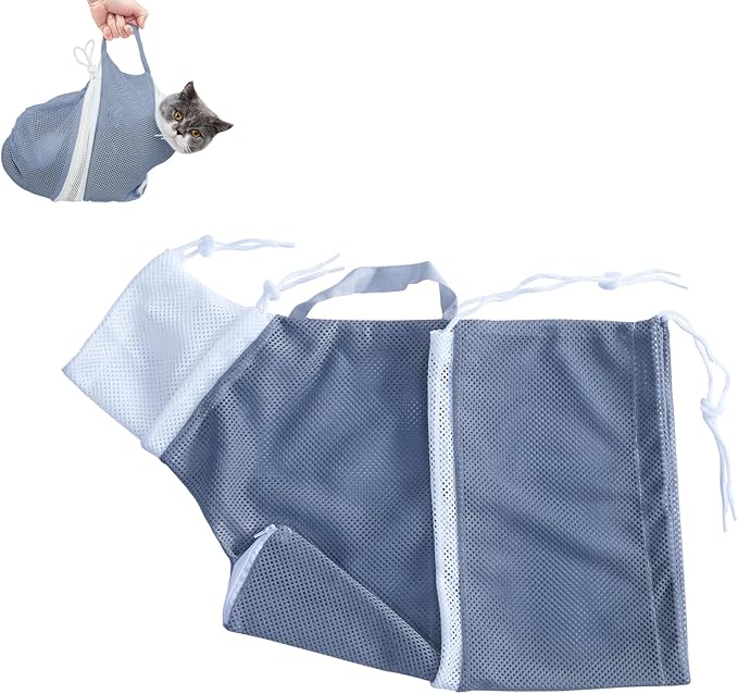 Cat Bathing Grooming Bag - Anti Bite & Anti Scratch Adjustable Pet Restraint for Bathing, Nail Trimming, Medicine, Injection - Secure & Calming with Adjustable Straps & Zippers (Gray)