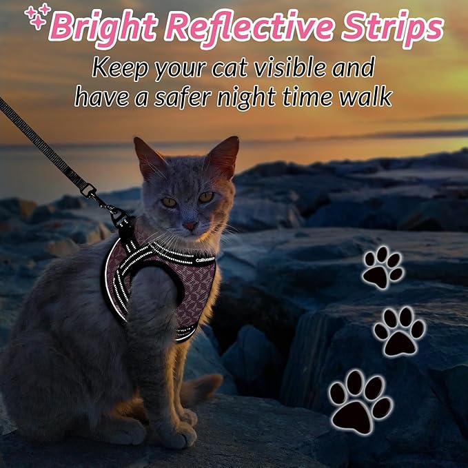 CatRomance Cat Harness and Leash Escape Proof for Walking, Safe Adjustable Large Kitten Vest Set with Reflective Strip for Kitty, Easy Control Comfortable Soft Outdoor Pet Harnesses, Pink, Large
