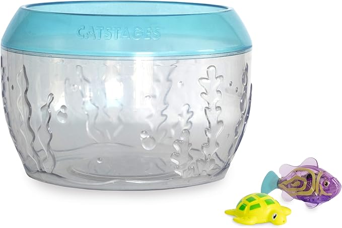Catstages Meow-smerizing Fish Bowl for Cats with Two Water Cat Toys, Electronic Swimming Fish and Floating Turtle Included, Blue