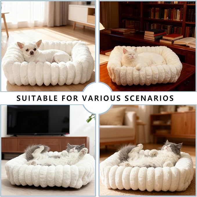 Dog Beds for Very Small Dogs & Cats - Washable Rectangle Comfy Sleeping Puppy Bed Cuddler with Anti-Slip Bottom, Soft Calming Plush Pet Sofa Bed for Indoor Kittens & Puppies, XS (18"x14"x4", Cream)