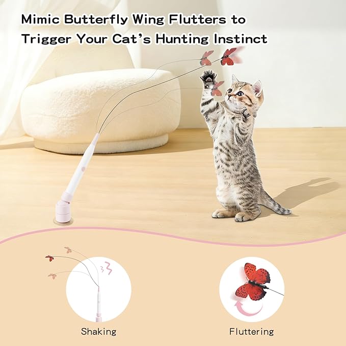Interactive Cat Toys for Indoor Cats - Electric Cat Wand Toy with Butterfly, Self-Play & Handheld Dual Mode, USB Rechargeable with Strong Suction Base, Smart Motion Activated Enrichment Cat Toy, Pink