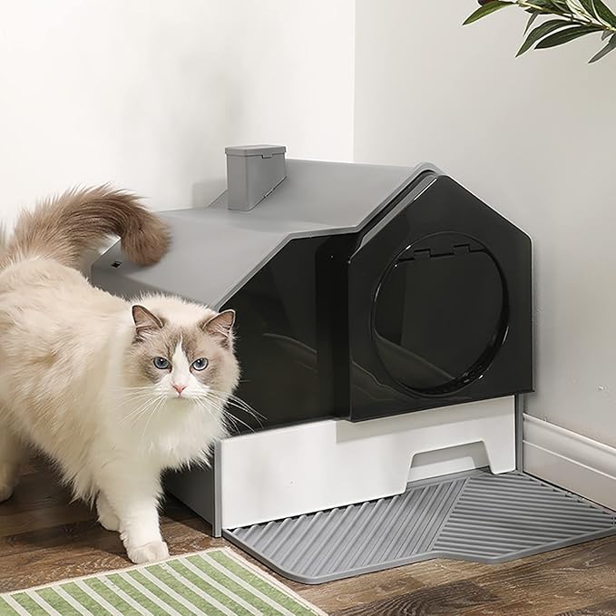 Cat Litter Tray Cats Litter Box with Front Entry/Exit XXL Extra Large Space Toilet Boxes with Drawer Type Cat Litter Tray and Pet Litter Shovel,Prevent Leakage (Color : Gray)