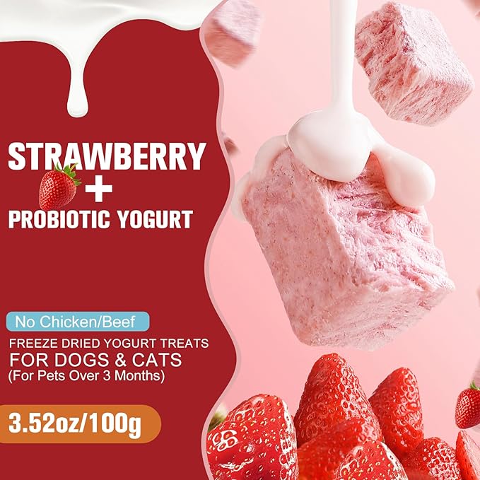 Freeze Dried Yogurt Dog Cats Treats Crunchy Snacks with Strawberry100g (3.52oz), High Protein Yogurts Snacks Pets Food for Cats Dogs Training (Strawberry Yogurt 3pcs)