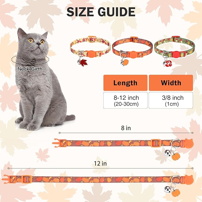 3 Pack Fall Breakaway Cat Collars with Bell & Charm-Thanksgiving Cat Collar for Girl Boy Cats with Safety Buckle- Cute Pumpkin Kitten Collar Adjustable 8"-12" for Kitty Puppy Small Pets