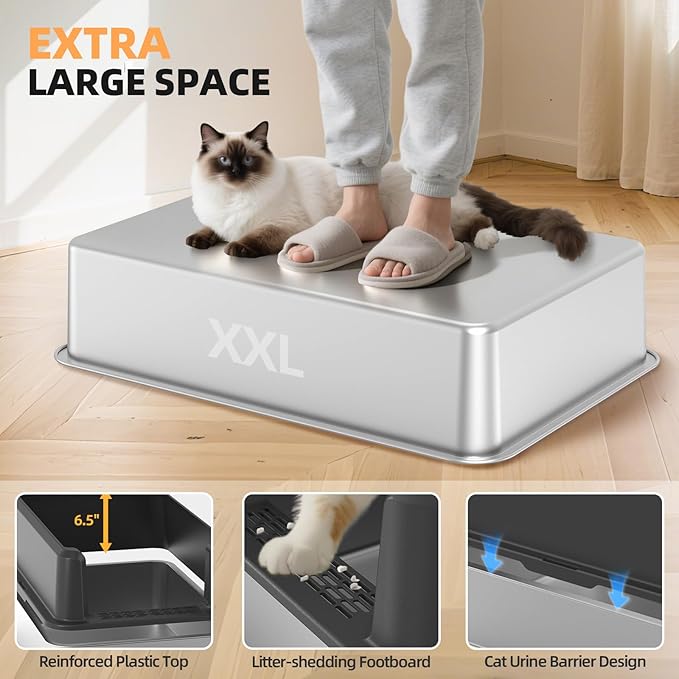 WoofiGo Enclosed Stainless Steel Cat Litter Box with Lid, XL Extra Large Litter Box for Big Cats, Metal Litter Pan High Sided, Never Absorbs Odors, Anti-Urine Leakage, Include Scoop (65-Darkgray)