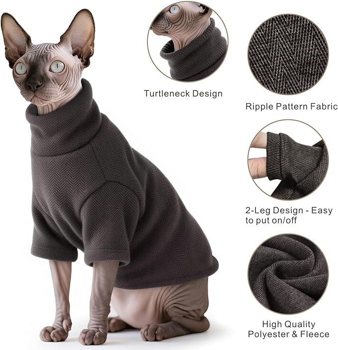Idepet Sphynx Cat Warm Turtleneck Sweater Hairless Cats Shirt Pullover Kitten T-Shirts Thick Soft Fleece Clothes Cute Outfit Coat Pajamas for Cats and Puppy (Dark Brown, 3X-Large)