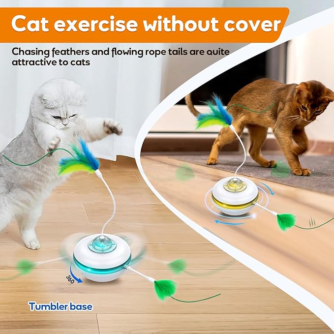 Giociv Interactive Cat Toys for Indoor Cats Exercise Toys Spin Feather Wand Tumbler Base, Touch Activate Mode Peek-A-Boo Felt Cover Toy Rechargeable