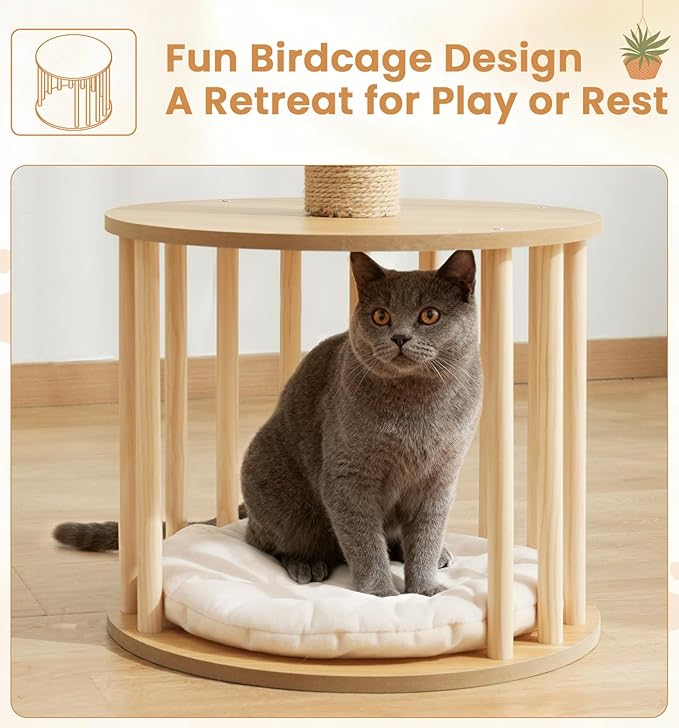 Made4Pets 30in PE Rattan Cat Tree Tower with Scratching Post, Birdcage-Style Wooden Condo with Reversible Cushion & Thickened Base, Handwoven Wicker Basket Bed and Plush Cushion Top Perch