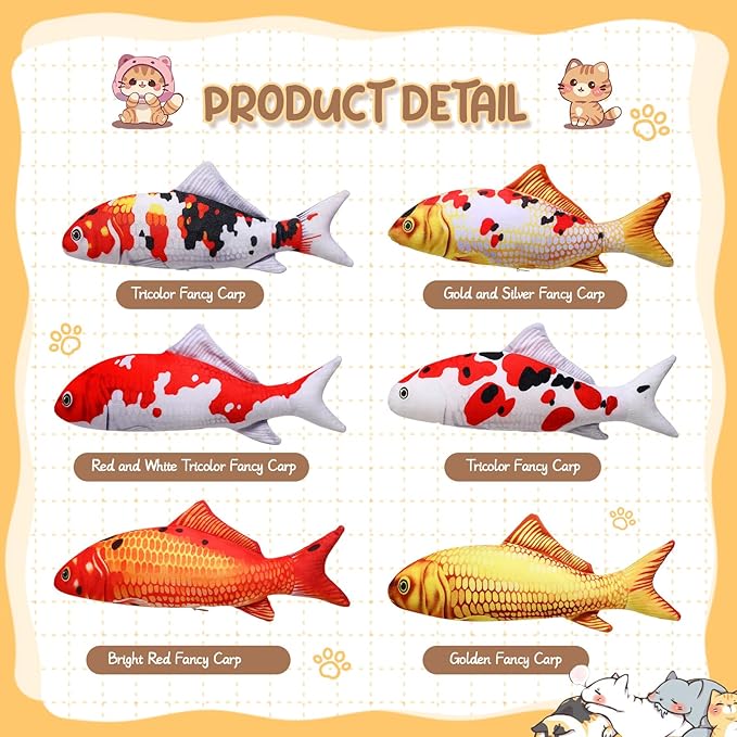 Barydat 6 Pcs 12 Inch Fish-Shaped Soft Cat Cushions Pillow Realistic Pet Carp Play Pillow for Cats Birthday Gift(Classic Style)