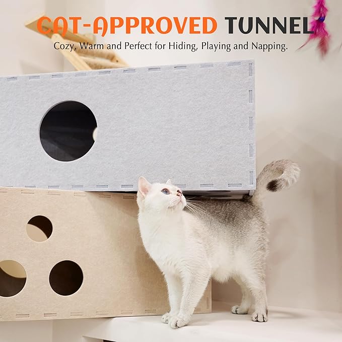 PETKARAY Cat Tunnel, Original Cat Hideaway Cave for Indoor Cats, Large Kitten Play Tubes and Tunnels, Soft Felt Cat Toy with Interactive Peek Hole, Beige Straight