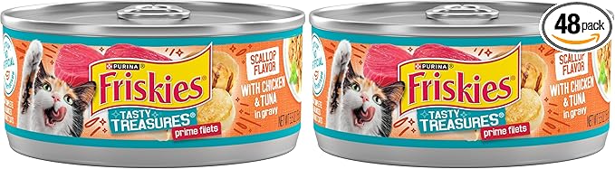 Friskies Purina Wet Cat Food Tasty Treasures with Chicken and Tuna in Gravy (Scallop Flavor) - 5.5 oz. Cans (Pack of 48)